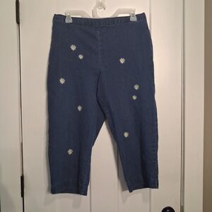Alfred Dunner Capri Denim Crop Jeans Womens 12 Embroidered Daisy Elastic